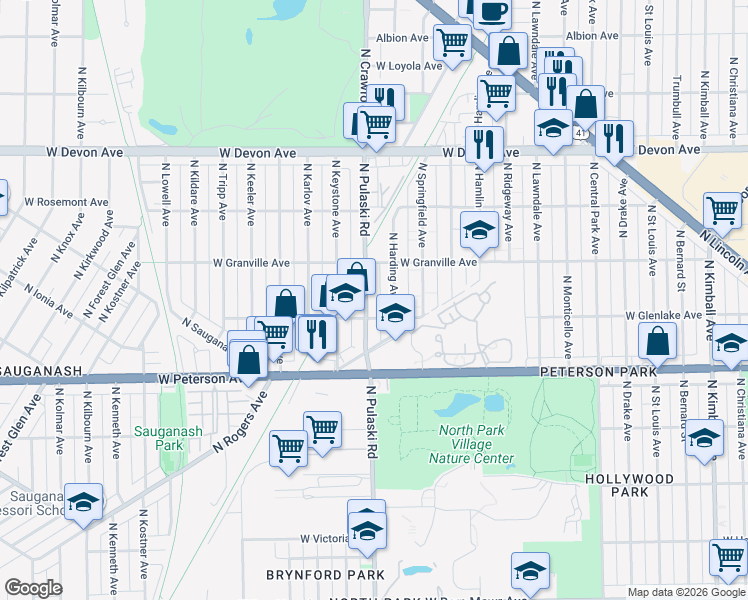 map of restaurants, bars, coffee shops, grocery stores, and more near 6118 North Pulaski Road in Chicago