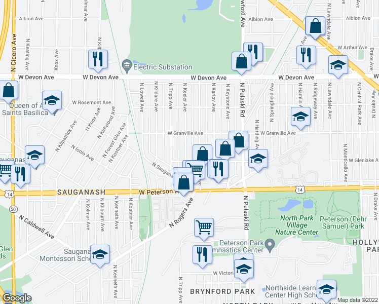 map of restaurants, bars, coffee shops, grocery stores, and more near 6119 North Keeler Avenue in Chicago