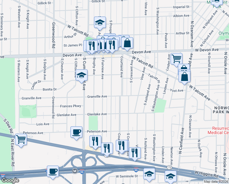 map of restaurants, bars, coffee shops, grocery stores, and more near 1431 South Prospect Avenue in Park Ridge