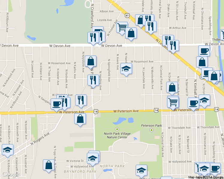 map of restaurants, bars, coffee shops, grocery stores, and more near 6117 North Springfield Avenue in Chicago