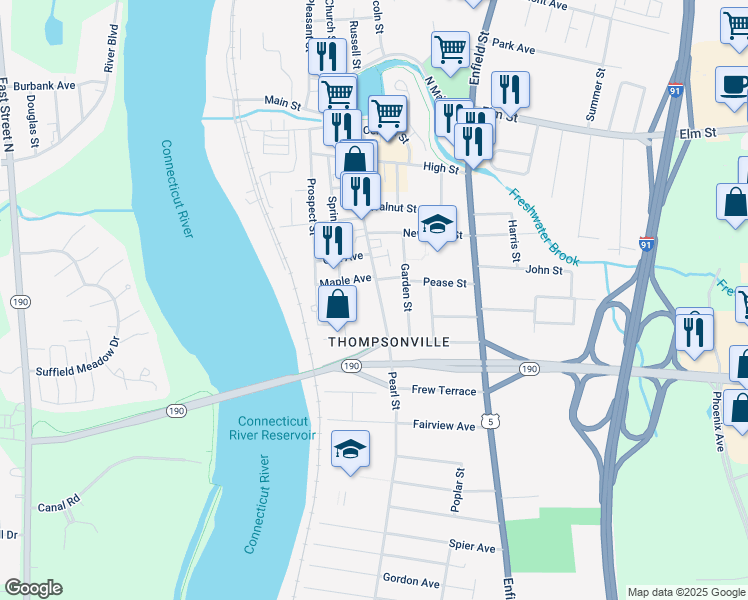 map of restaurants, bars, coffee shops, grocery stores, and more near 146 Pearl Street in Enfield