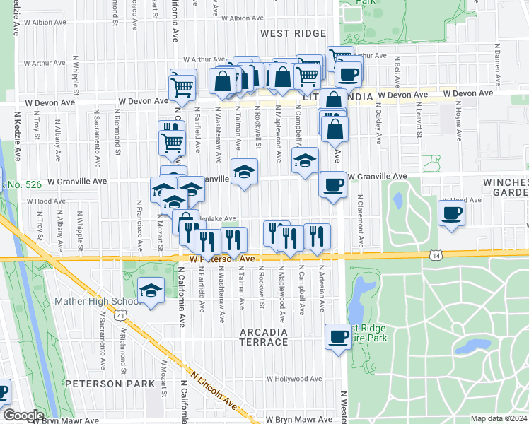 map of restaurants, bars, coffee shops, grocery stores, and more near 6107 North Rockwell Street in Chicago
