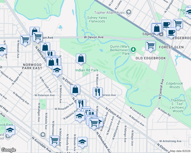 map of restaurants, bars, coffee shops, grocery stores, and more near 6114 North Mason Avenue in Chicago