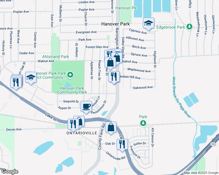 map of restaurants, bars, coffee shops, grocery stores, and more near 6614 Barrington Road in Hanover Park