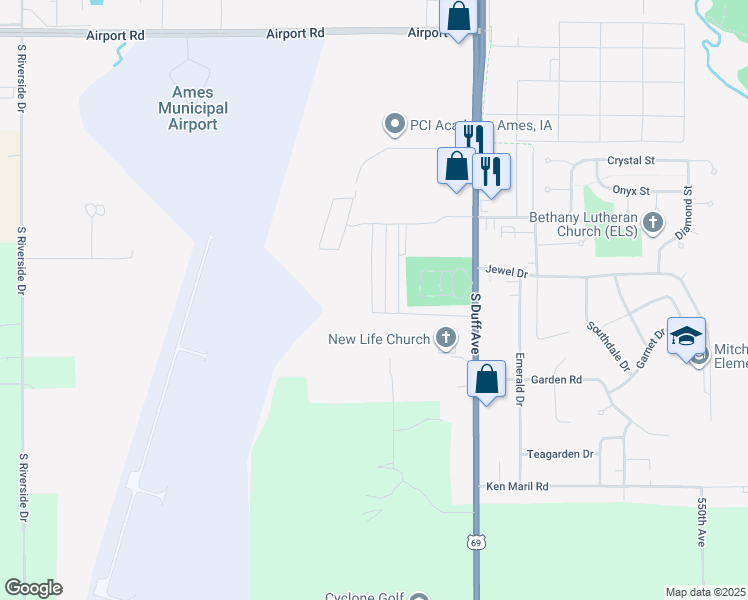 map of restaurants, bars, coffee shops, grocery stores, and more near 3413 South Duff Avenue in Ames