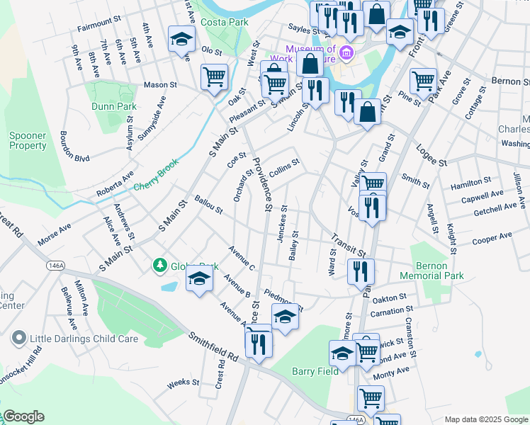 map of restaurants, bars, coffee shops, grocery stores, and more near 297 Providence Street in Woonsocket