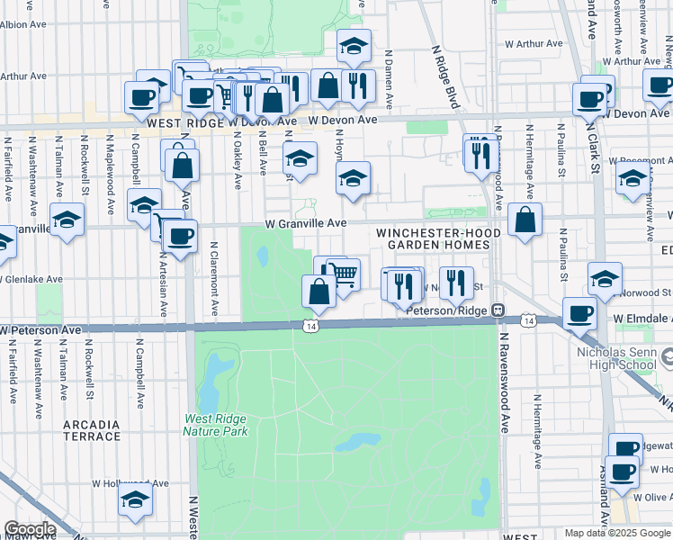 map of restaurants, bars, coffee shops, grocery stores, and more near 6120 North Hoyne Avenue in Chicago