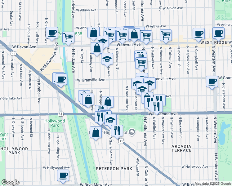 map of restaurants, bars, coffee shops, grocery stores, and more near 6110 North Richmond Street in Chicago