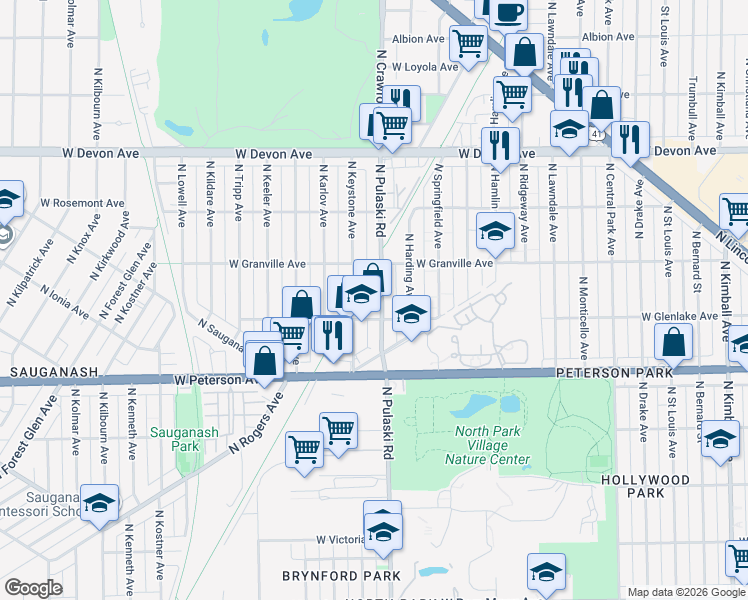 map of restaurants, bars, coffee shops, grocery stores, and more near 6118 North Pulaski Road in Chicago