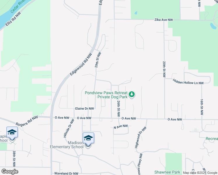 map of restaurants, bars, coffee shops, grocery stores, and more near 2702 Valley High Court Northwest in Cedar Rapids