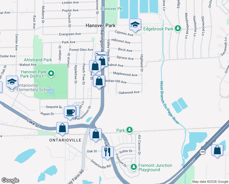 map of restaurants, bars, coffee shops, grocery stores, and more near 6620 Deerpath Lane in Hanover Park