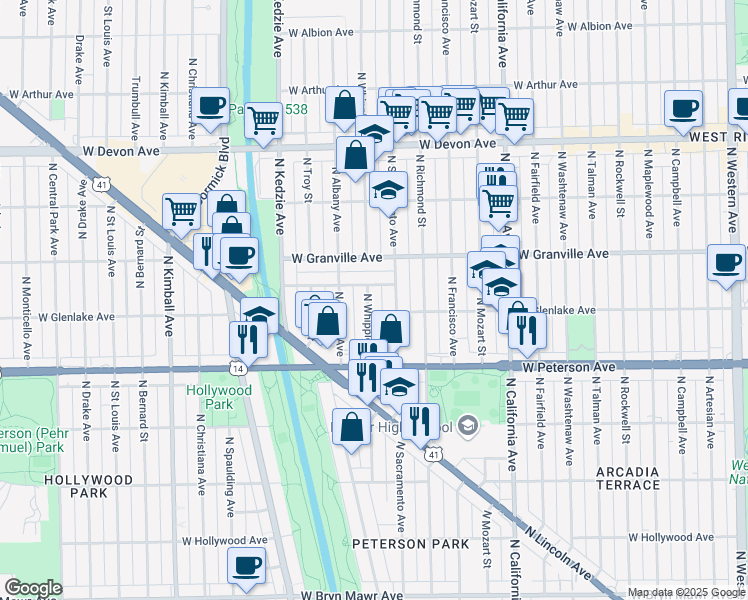 map of restaurants, bars, coffee shops, grocery stores, and more near 6077 North Whipple Street in Chicago