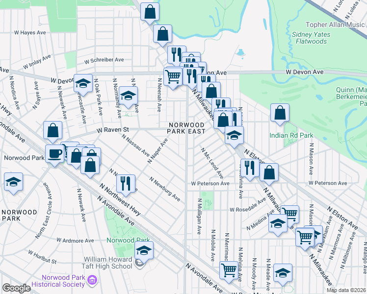 map of restaurants, bars, coffee shops, grocery stores, and more near 6140 North Nagle Avenue in Chicago