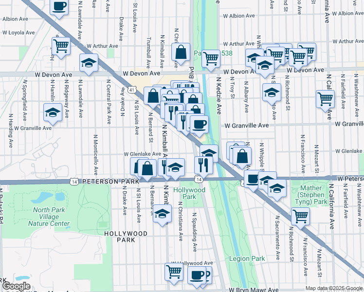 map of restaurants, bars, coffee shops, grocery stores, and more near 6113 North Christiana Avenue in Chicago
