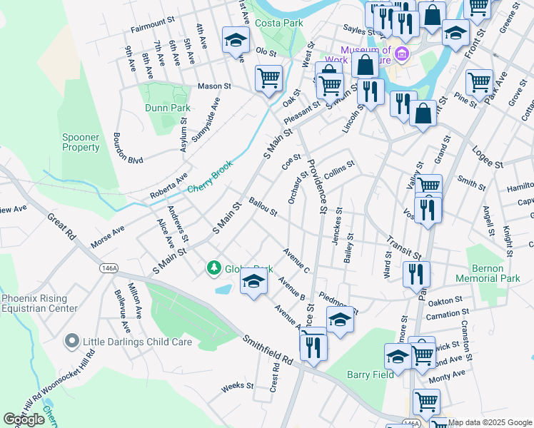 map of restaurants, bars, coffee shops, grocery stores, and more near 95 Ballou Street in Woonsocket
