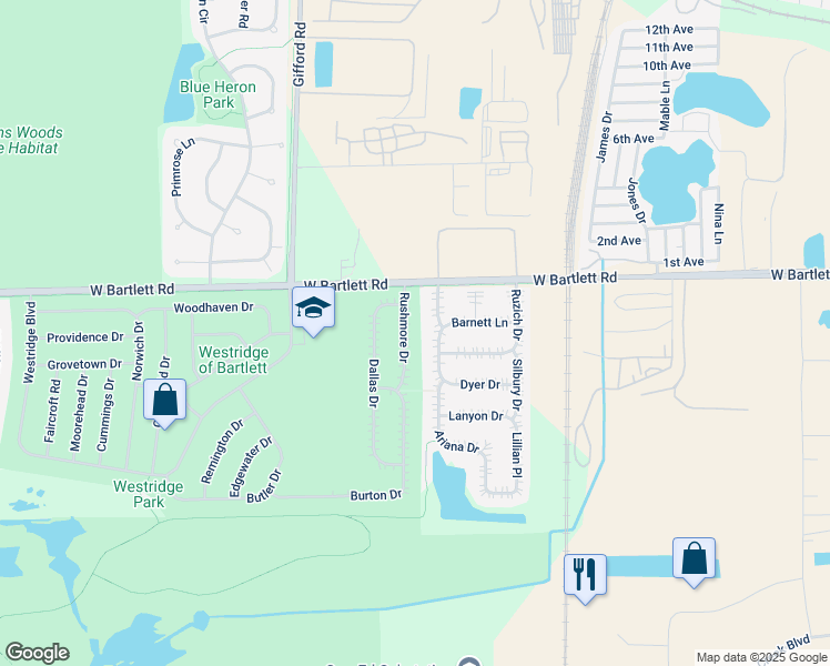 map of restaurants, bars, coffee shops, grocery stores, and more near 138 Rushmore Drive in Bartlett