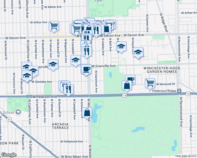 map of restaurants, bars, coffee shops, grocery stores, and more near 6105 North Claremont Avenue in Chicago