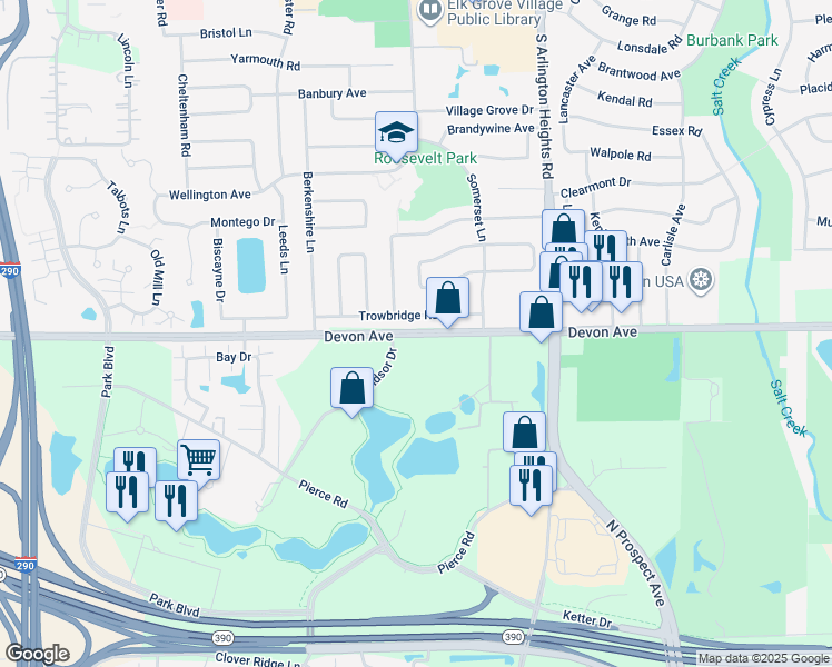 map of restaurants, bars, coffee shops, grocery stores, and more near 350 East Devon Avenue in Itasca