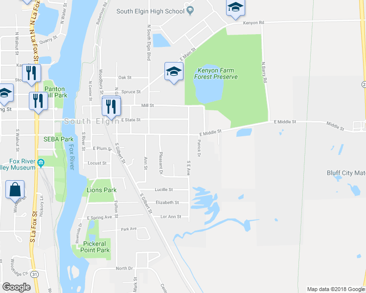 map of restaurants, bars, coffee shops, grocery stores, and more near 174 South East Avenue in South Elgin