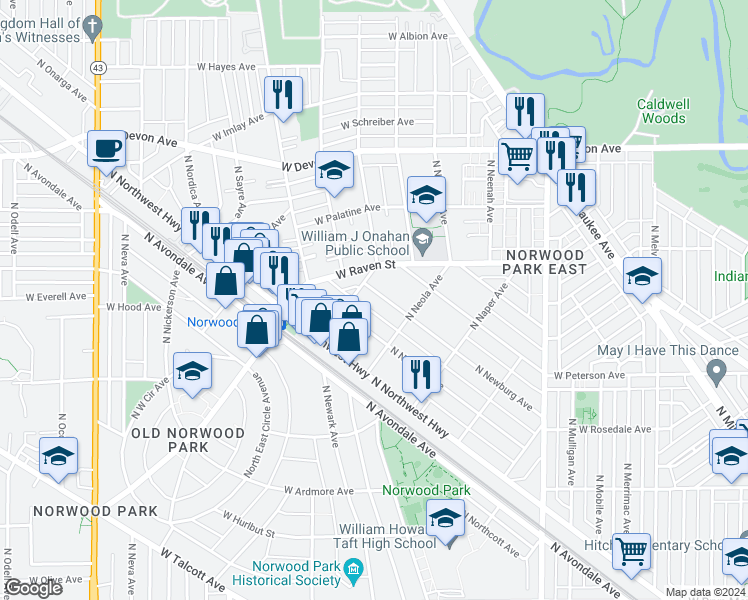 map of restaurants, bars, coffee shops, grocery stores, and more near 6142 North Newburg Avenue in Chicago