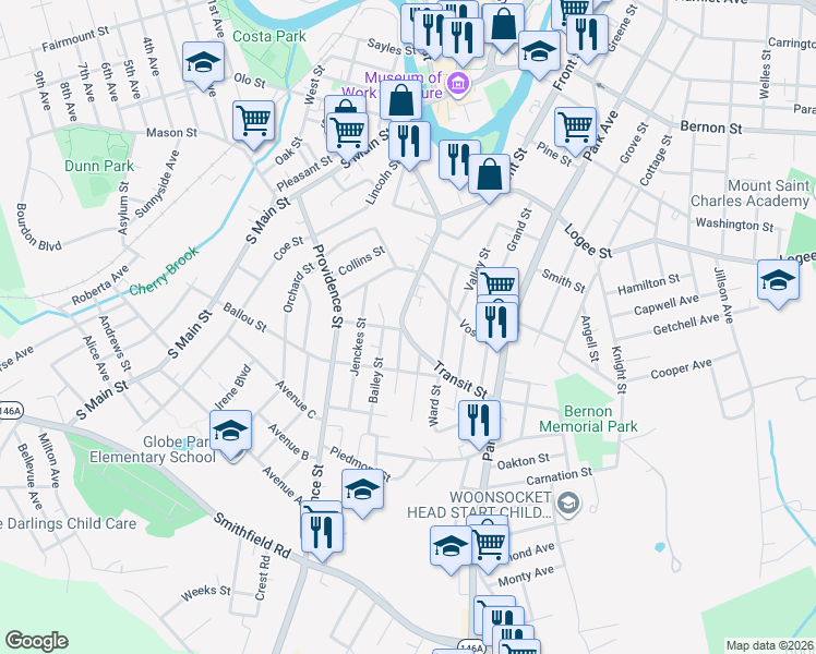 map of restaurants, bars, coffee shops, grocery stores, and more near 232 Transit Street in Woonsocket