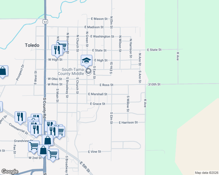 map of restaurants, bars, coffee shops, grocery stores, and more near 610 E Ross St in Toledo
