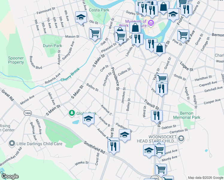map of restaurants, bars, coffee shops, grocery stores, and more near 297 Providence Street in Woonsocket