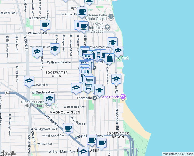 map of restaurants, bars, coffee shops, grocery stores, and more near 6102 North Winthrop Avenue in Chicago
