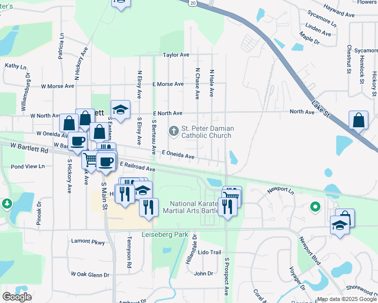 map of restaurants, bars, coffee shops, grocery stores, and more near 329 David Court in Bartlett