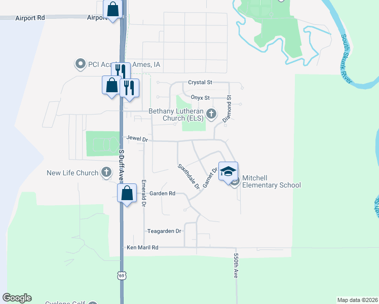 map of restaurants, bars, coffee shops, grocery stores, and more near 3319 Harcourt Dr in Ames
