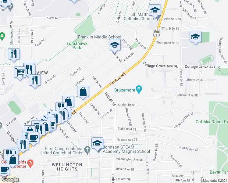 map of restaurants, bars, coffee shops, grocery stores, and more near 1924 2nd Avenue Southeast in Cedar Rapids
