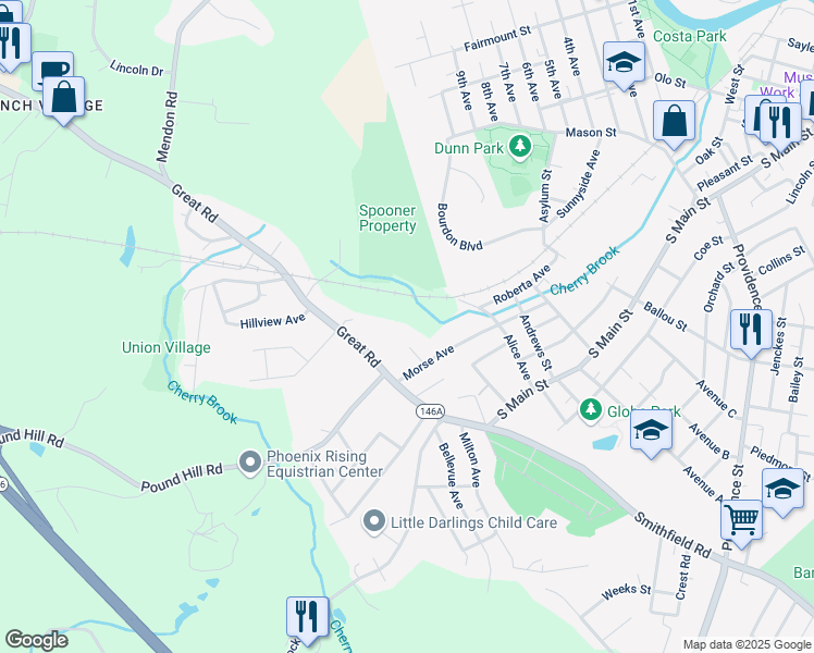 map of restaurants, bars, coffee shops, grocery stores, and more near 42 Morse Avenue in North Smithfield