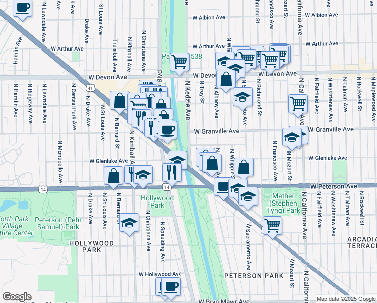map of restaurants, bars, coffee shops, grocery stores, and more near 6100 North Kedzie Avenue in Chicago