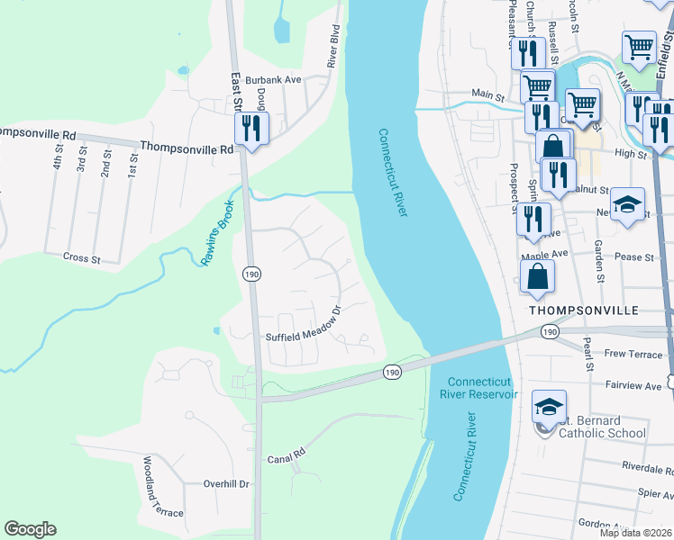 map of restaurants, bars, coffee shops, grocery stores, and more near 152 E Grayling Ln in Suffield