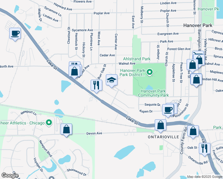 map of restaurants, bars, coffee shops, grocery stores, and more near 2100 Elm Avenue in Hanover Park