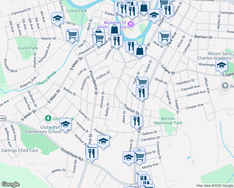 map of restaurants, bars, coffee shops, grocery stores, and more near 232 Transit Street in Woonsocket