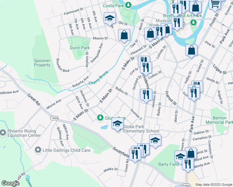 map of restaurants, bars, coffee shops, grocery stores, and more near 498 South Main Street in Woonsocket