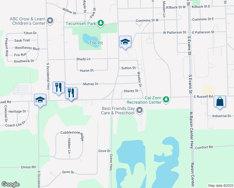 map of restaurants, bars, coffee shops, grocery stores, and more near 705 West Russell Road in Tecumseh