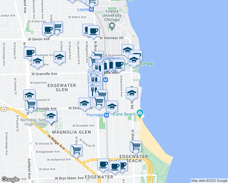 map of restaurants, bars, coffee shops, grocery stores, and more near 6102 North Winthrop Avenue in Chicago