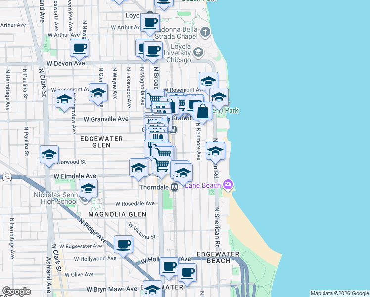 map of restaurants, bars, coffee shops, grocery stores, and more near 6102 North Winthrop Avenue in Chicago