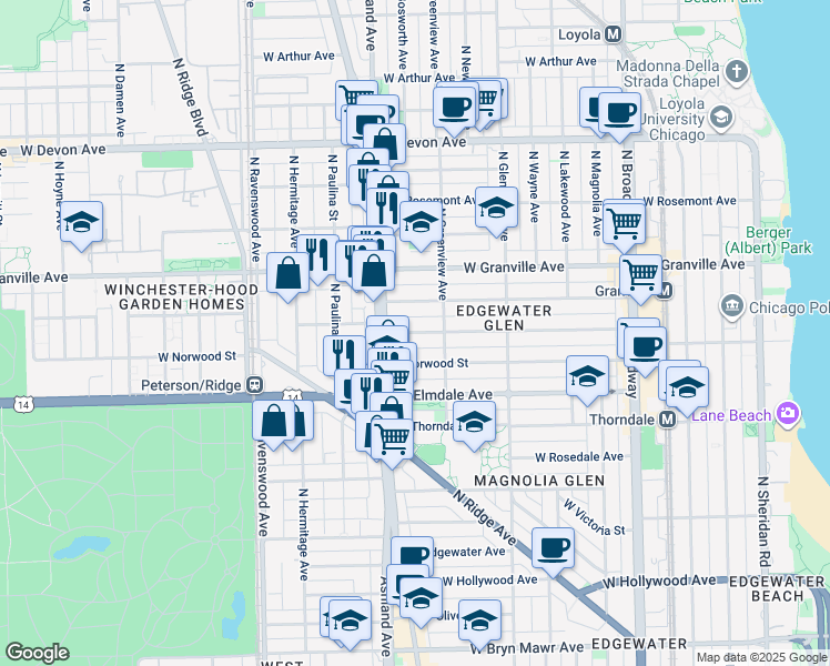 map of restaurants, bars, coffee shops, grocery stores, and more near 1535 West Glenlake Avenue in Chicago