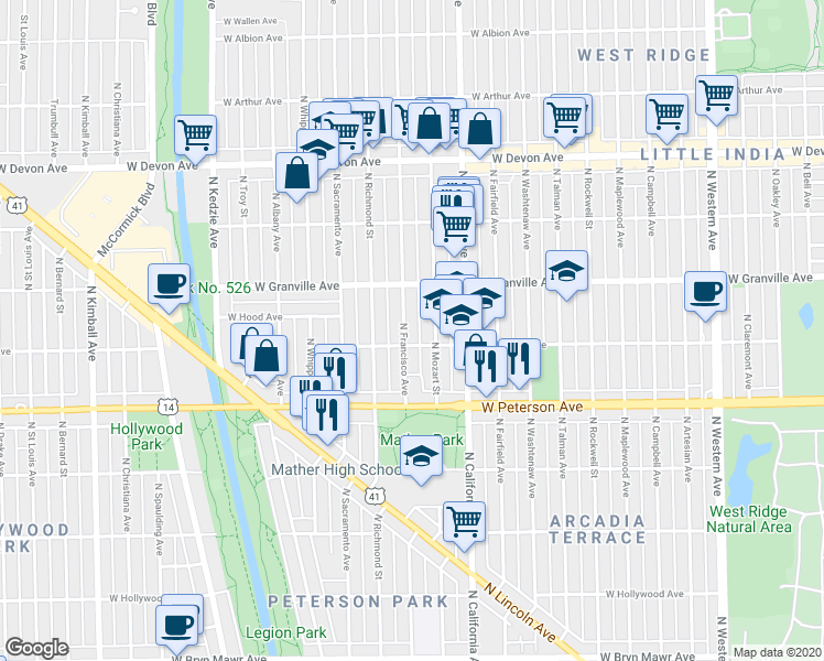 map of restaurants, bars, coffee shops, grocery stores, and more near 6110 North Francisco Avenue in Chicago
