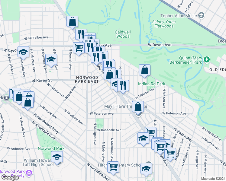 map of restaurants, bars, coffee shops, grocery stores, and more near 6255 West Hyacinth Street in Chicago