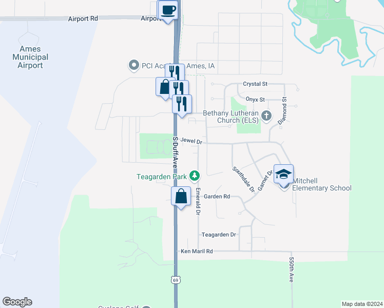 map of restaurants, bars, coffee shops, grocery stores, and more near 3313 Emerald Drive in Ames
