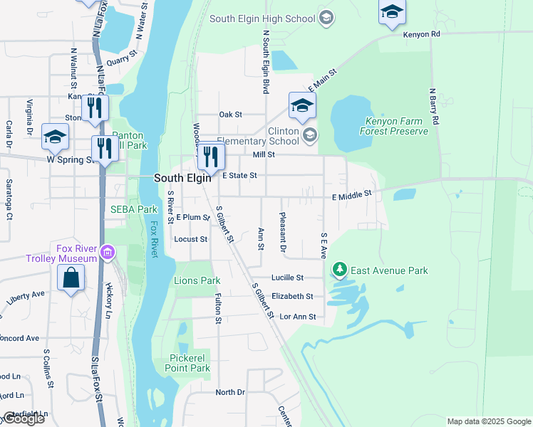map of restaurants, bars, coffee shops, grocery stores, and more near 195 Ann Street in South Elgin