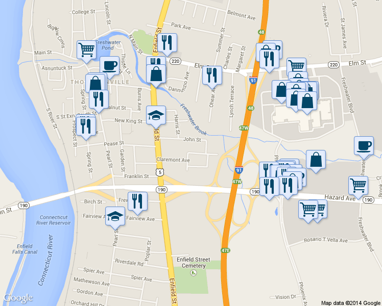 map of restaurants, bars, coffee shops, grocery stores, and more near 12 Claremont Ave in Enfield