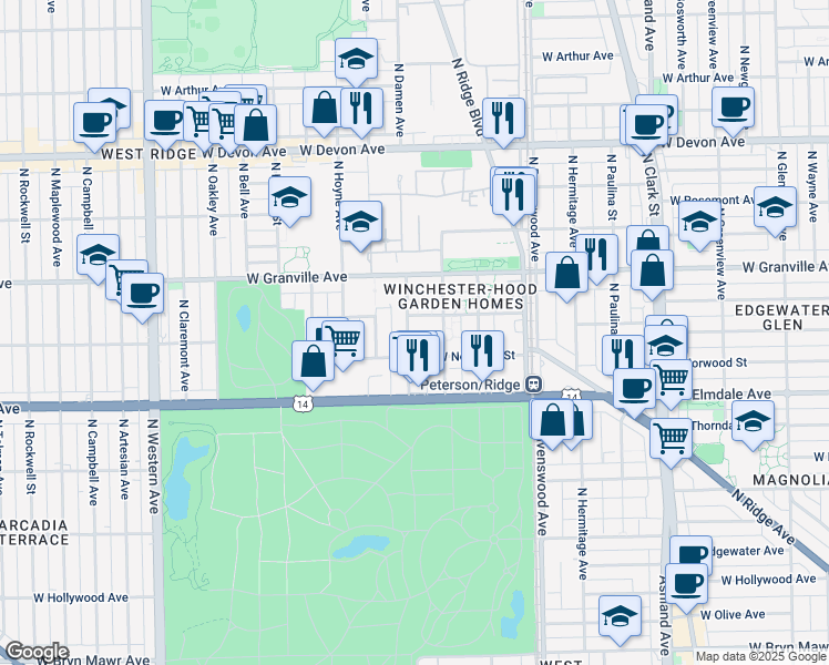 map of restaurants, bars, coffee shops, grocery stores, and more near 6121 North Damen Avenue in Chicago