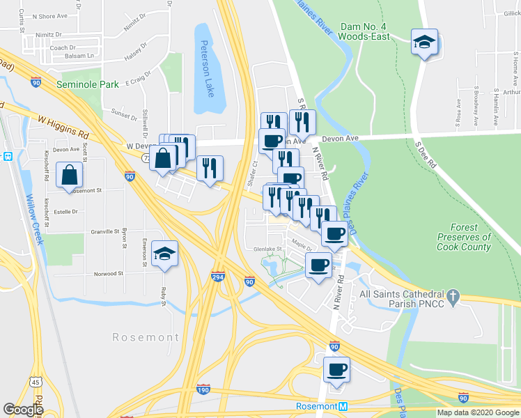 map of restaurants, bars, coffee shops, grocery stores, and more near 9575 West Higgins Road in Rosemont