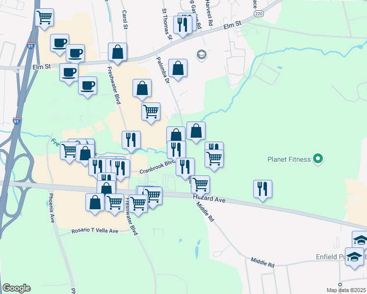 map of restaurants, bars, coffee shops, grocery stores, and more near 65 Palomba Drive in Enfield