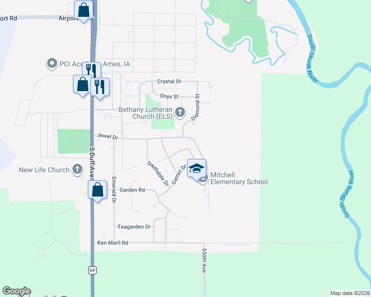 map of restaurants, bars, coffee shops, grocery stores, and more near 3317 Jewel Drive in Ames